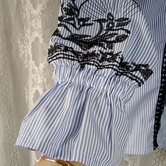 MANGO USA Blue and Black Relaxed Striped Embroidery Women's Blouses Size S - Picture 15 of 16